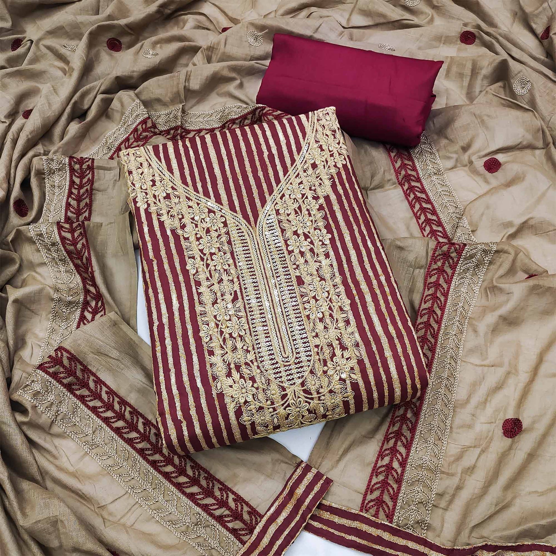 Maroon Printed With Sequins Embroidered Pure Cotton Dress Material