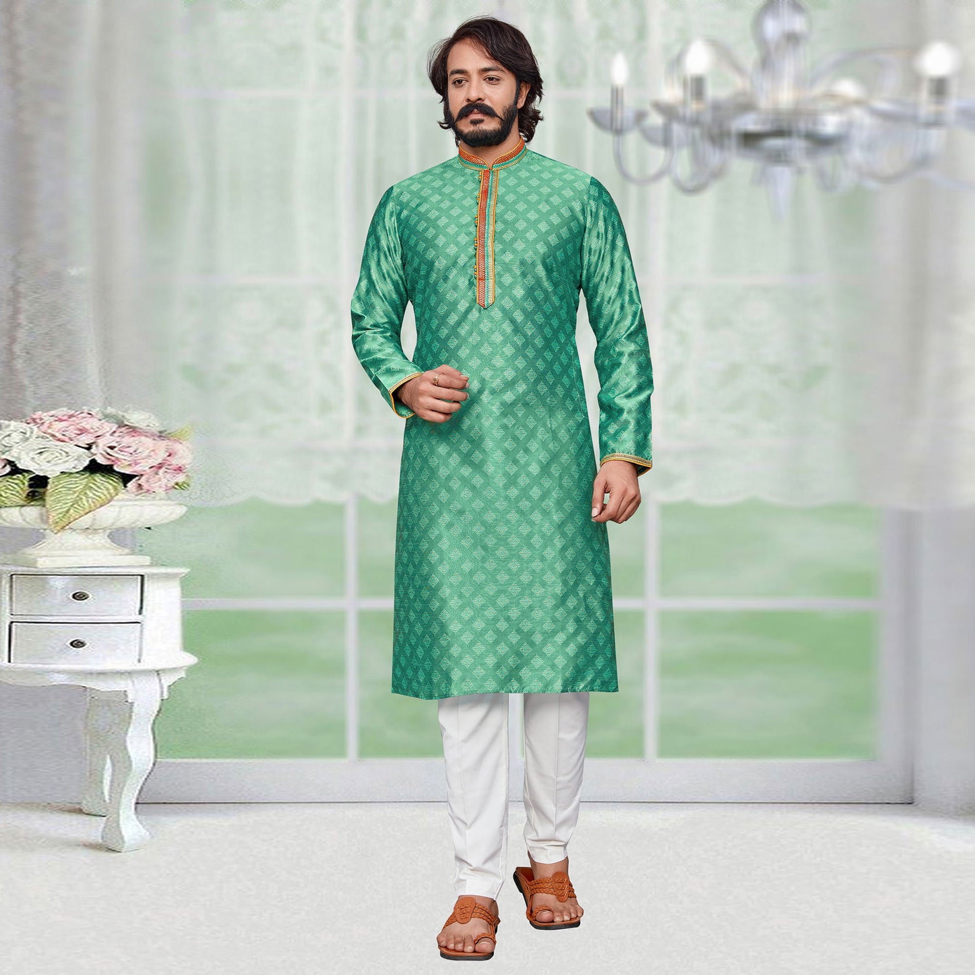 Light Green Woven Jacquard Kurta Pyjama Set