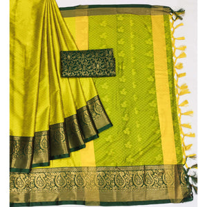 Lemon Green Woven Cotton Silk Saree With Tassels