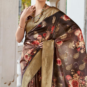 Dark Brown Woven With Floral Printed Art Silk Saree