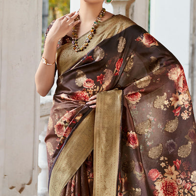 Dark Brown Woven With Floral Printed Art Silk Saree