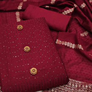 Maroon Sequins Embroidered Chanderi Dress Material