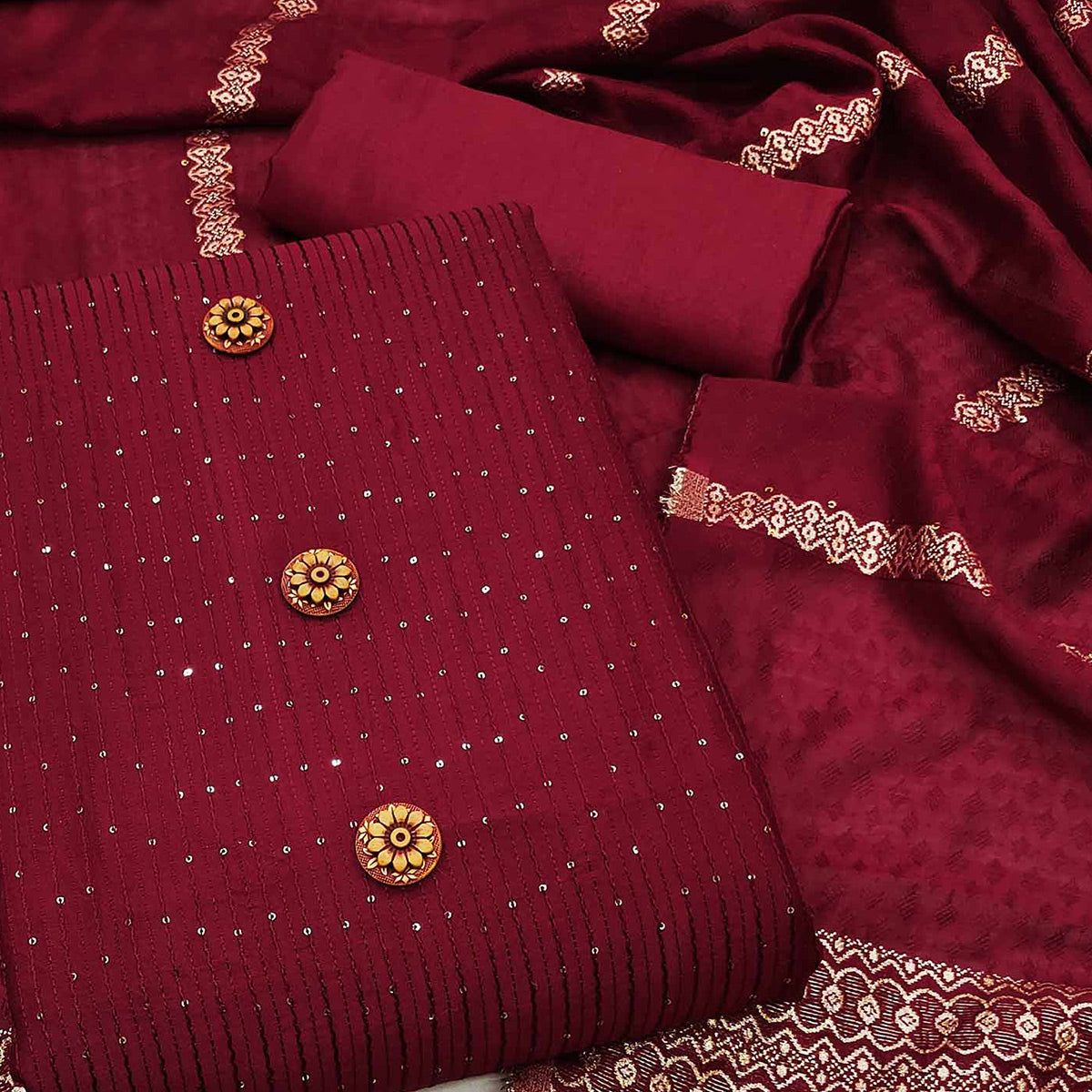 Maroon Sequins Embroidered Chanderi Dress Material