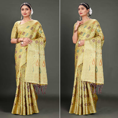 Lemon Green Woven Organza Saree With Tassels