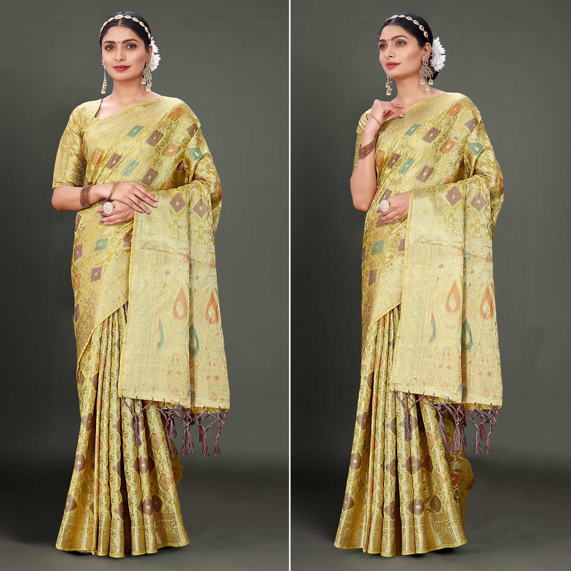 Lemon Green Woven Organza Saree With Tassels