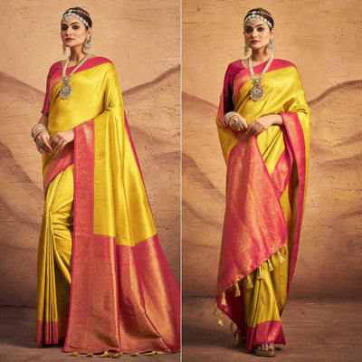 Lemon Yellow Woven Art Silk Saree With Tassels