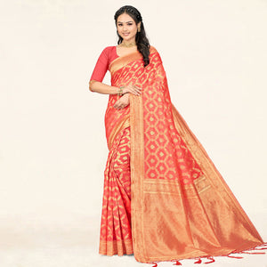 Gajari Pink Woven Cotton Saree With Tassels