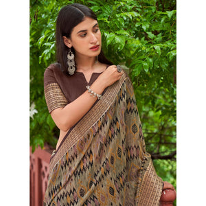 Grey Printed With Woven Border Raw Silk Saree