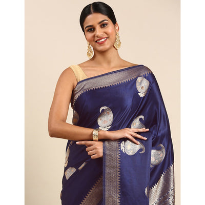 Blue Woven Kanjivaram Silk Saree WithTassels