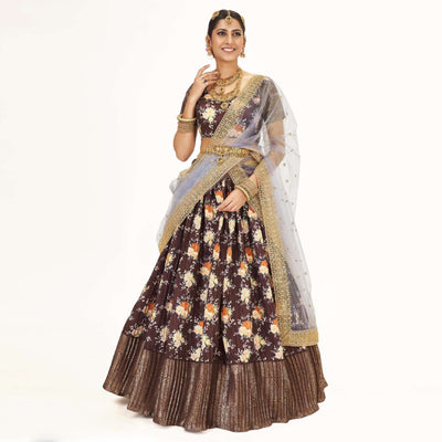 Chocolate Brown Digital Printed With Zari Work Art Silk Lehenga Choli