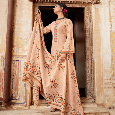 Chikoo Floral Printed With Embroidered Pure Cotton Palazzo Suit