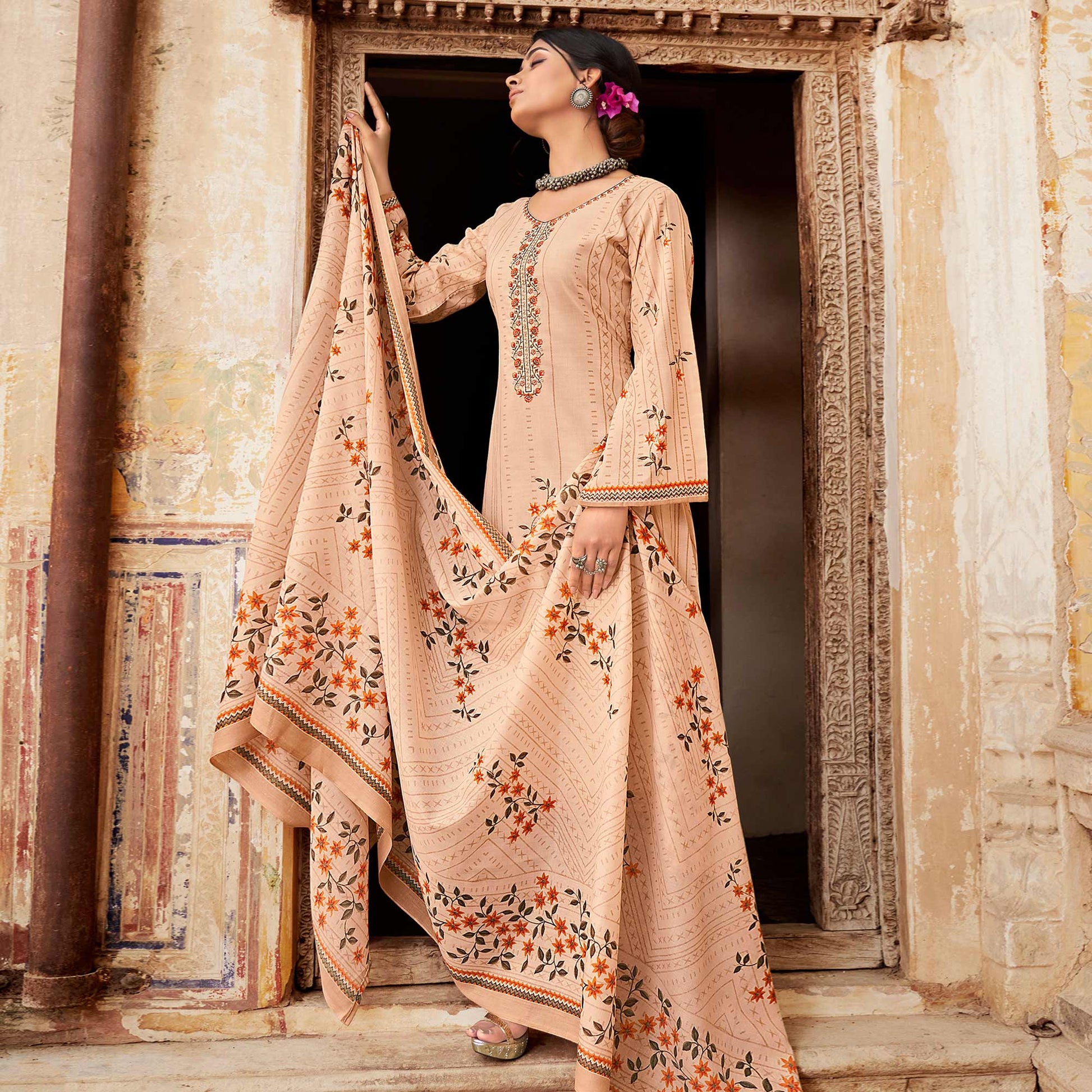 Chikoo Floral Printed With Embroidered Pure Cotton Palazzo Suit
