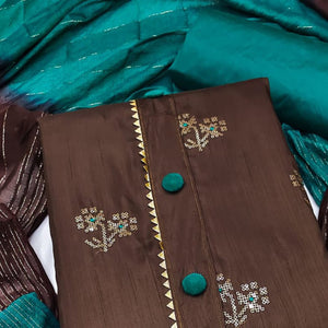 Brown Floral Sequins Embroidered Art Silk Dress Material