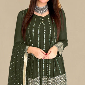 Mehendi Green Sequins Embroidered Georgette Pakistani Suit