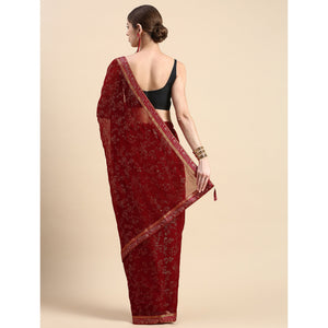Maroon Floral Foil Printed Shimmer Saree