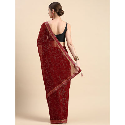 Maroon Floral Foil Printed Shimmer Saree