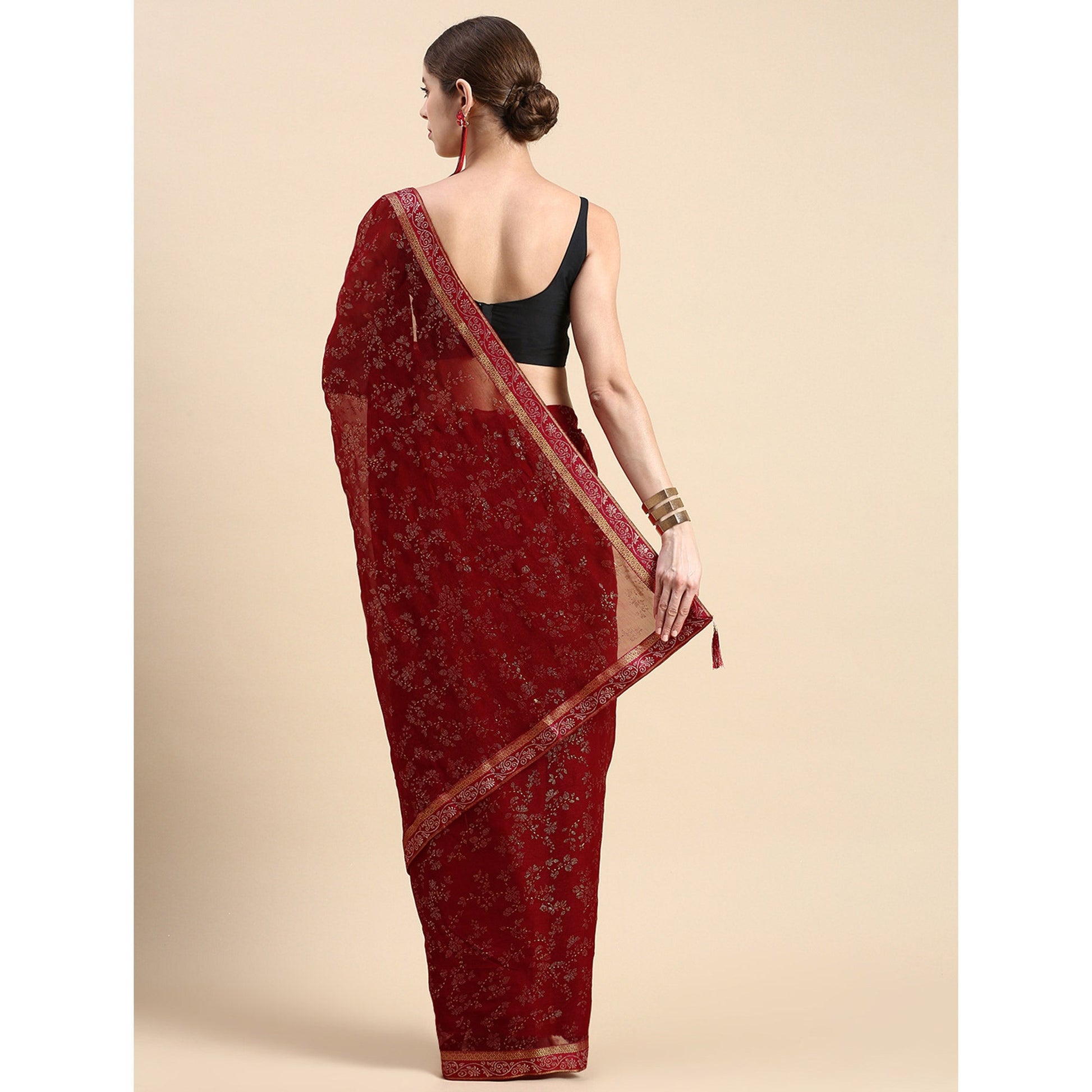 Maroon Floral Foil Printed Shimmer Saree