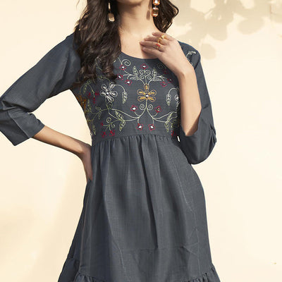 grey-embroidered-rayon-short-dress