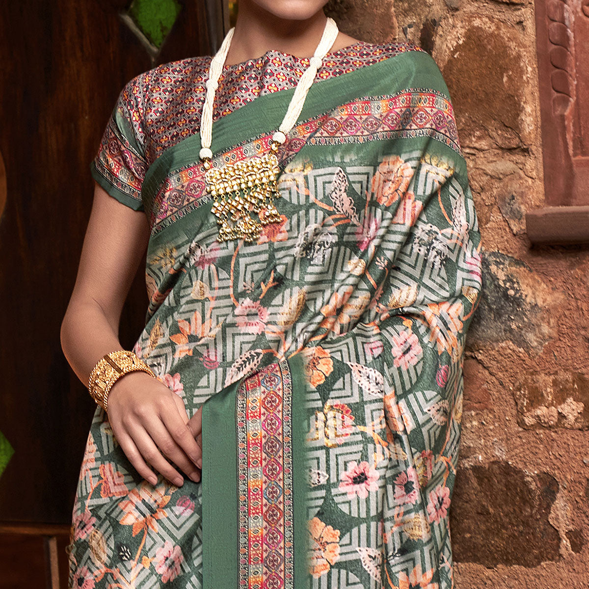 a-green-digital-printed-satin-saree