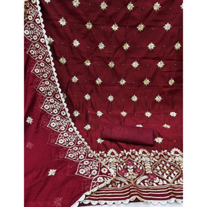 Maroon Floral Embroidered Modal Dress Material
