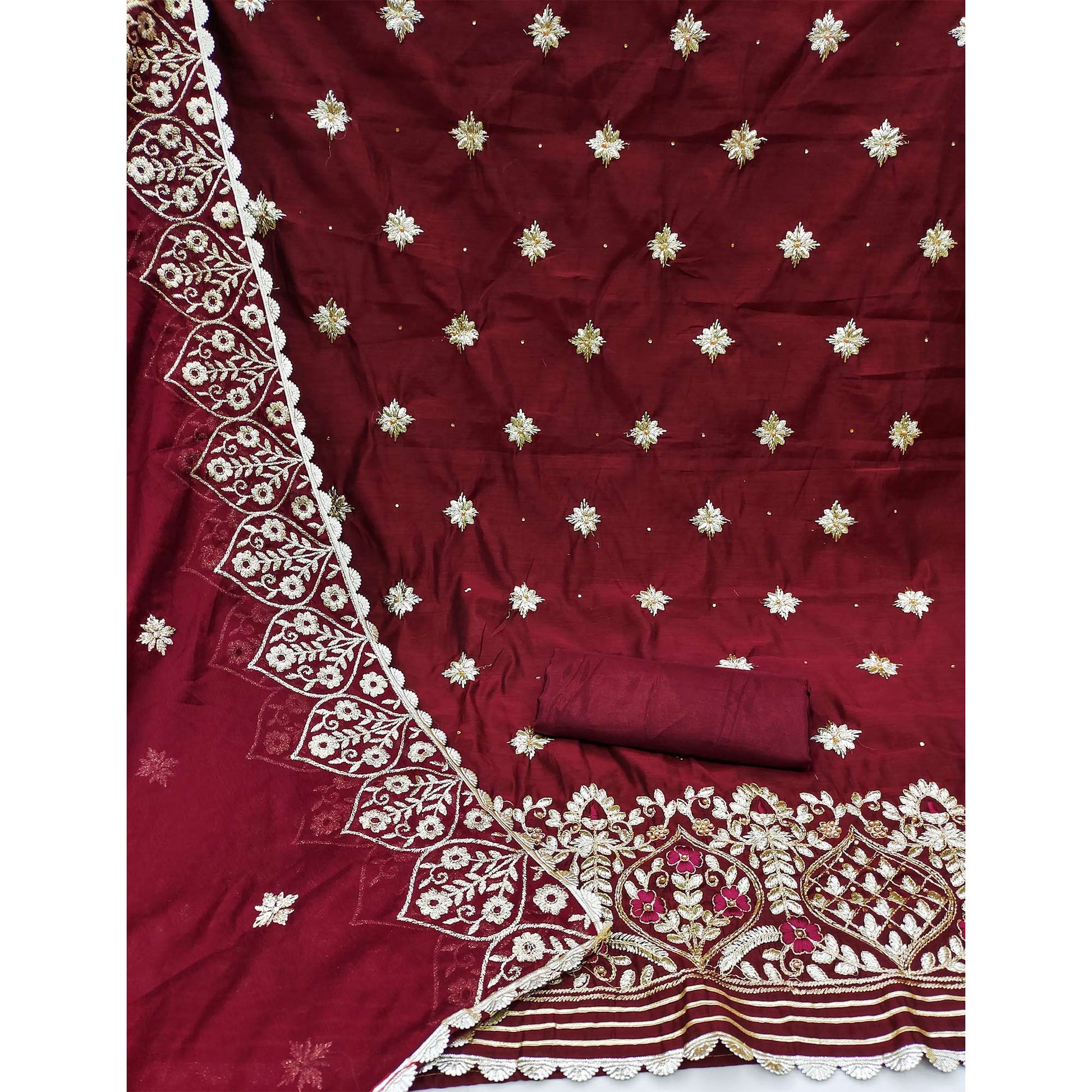Maroon Floral Embroidered Modal Dress Material