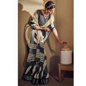 Brown & Black Printed With Zari Border Linen Saree
