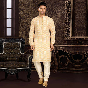 Light Yellow Lucknowi And Digital Printed Cotton Kurta Pyjama Set