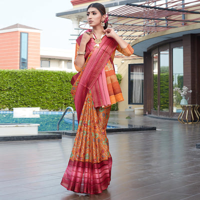 Brown Floral Digital Printed Cotton Blend Saree