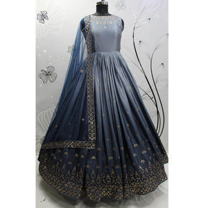 Grey Sequins Embroidered Chiffon Gown
