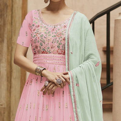 Light Pink Sequins Floral Embroidered Georgette Semi Stitched Anarkali Suit