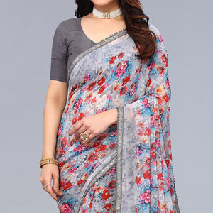 Grey Printed Georgette Saree With Crochet Border