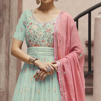 Light Pista Green Sequins Floral Embroidered Georgette Semi Stitched Anarkali Suit