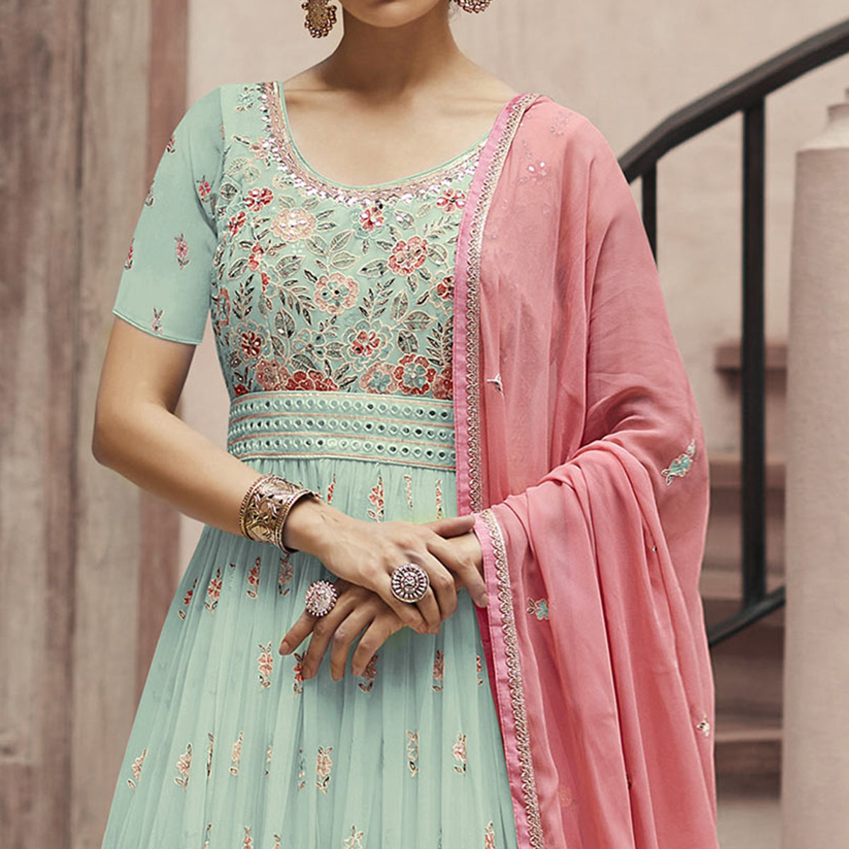 Light Pista Green Sequins Floral Embroidered Georgette Semi Stitched Anarkali Suit