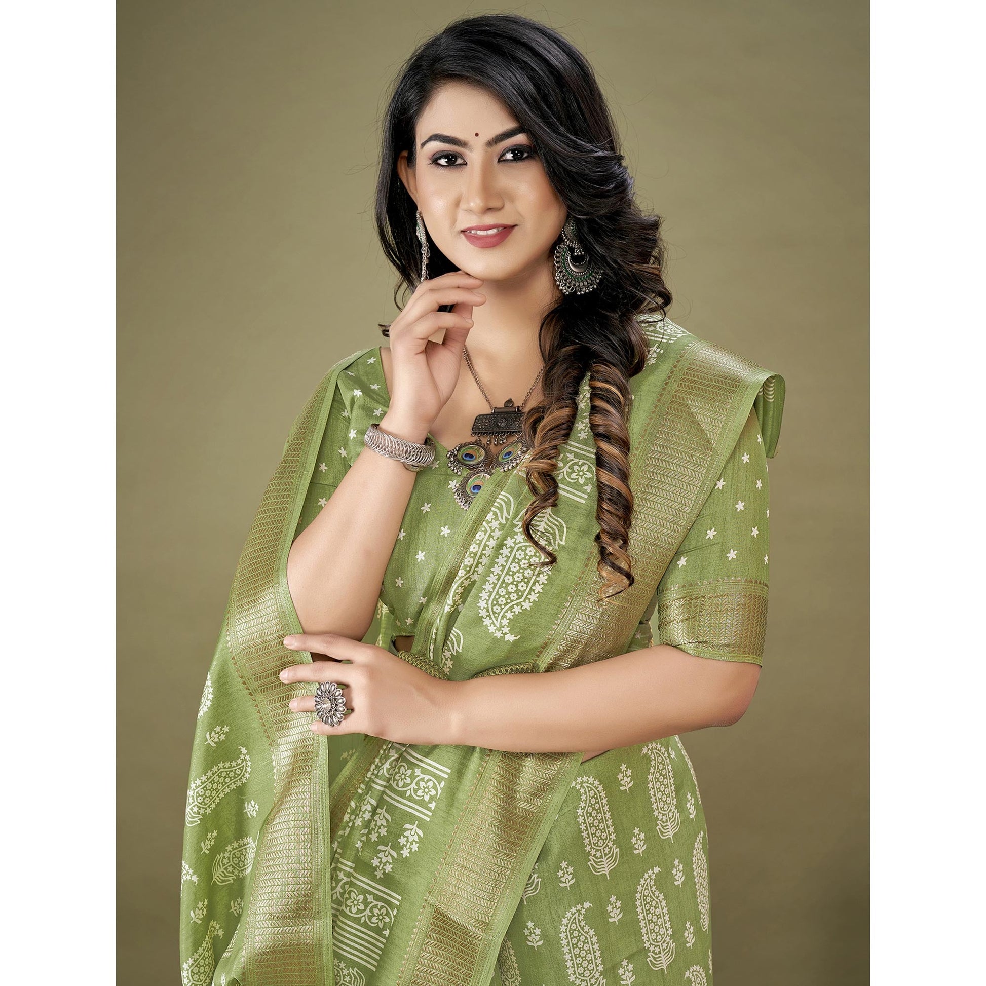 green-floral-printed-dola-silk-saree-1