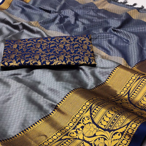 Grey Woven Cotton Silk Saree With Tassels