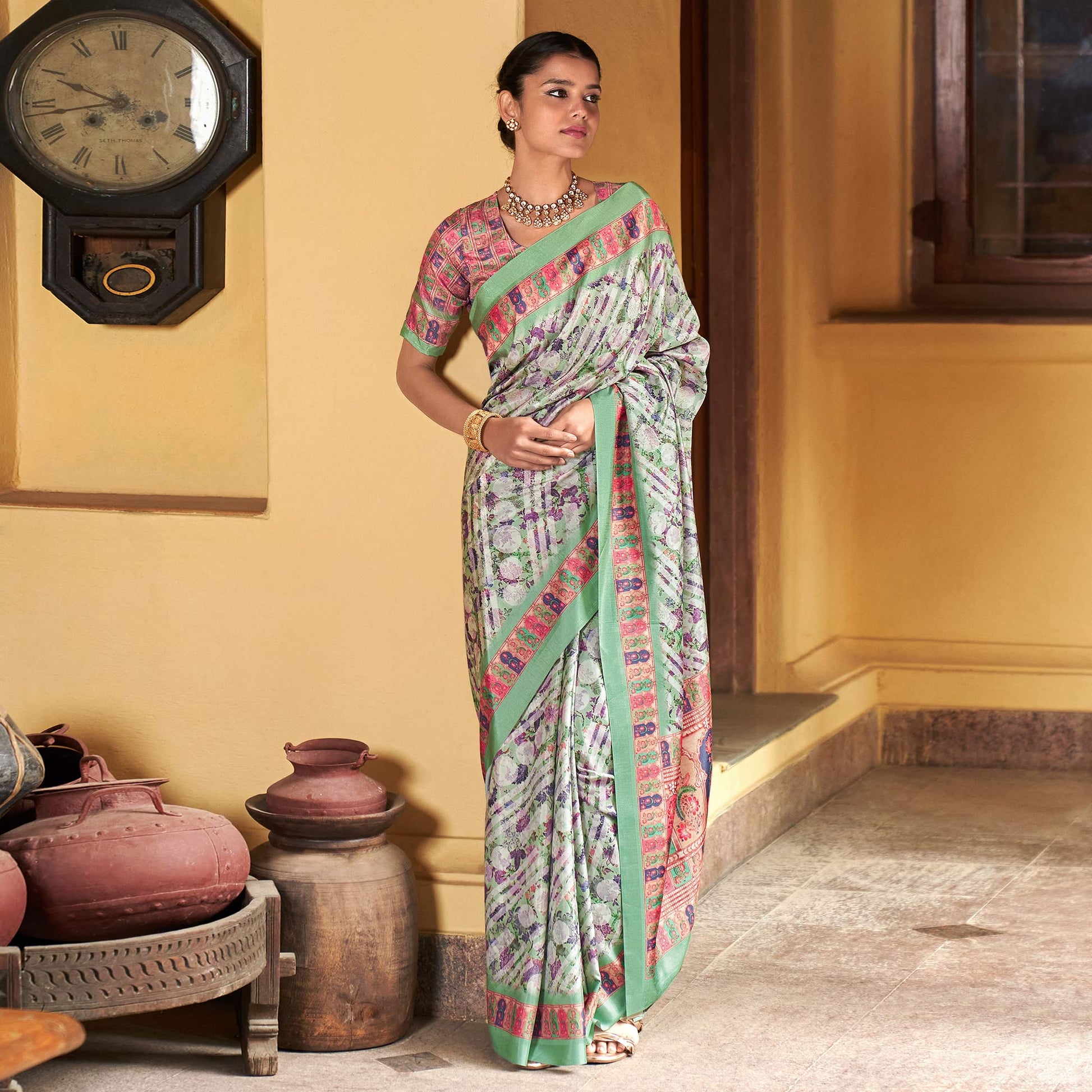 green-digital-printed-satin-saree