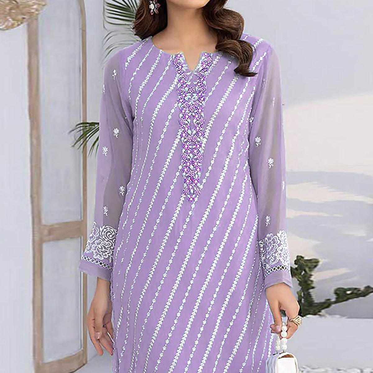 Light Purple Floral Embroidered Georgette Semi Stitched Suit
