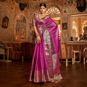 Magenta Pink Floral Woven Kanjivaram Silk Saree