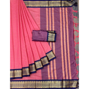 Gajari Pink Checks With Woven Border Cotton Silk Saree