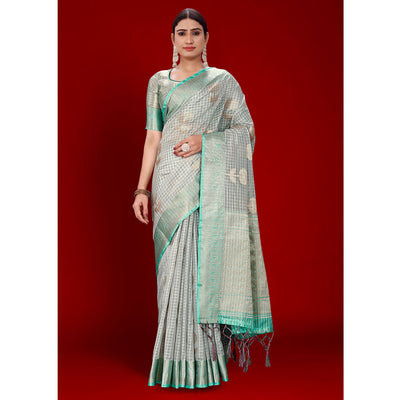 grey-floral-woven-organza-saree-with-tassels