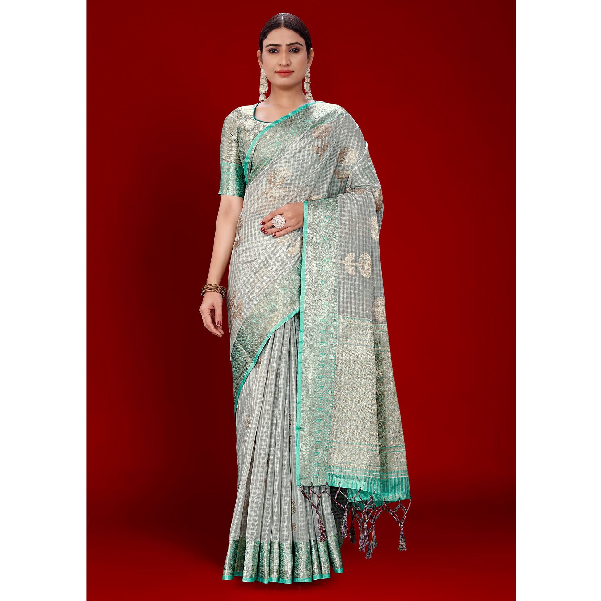 grey-floral-woven-organza-saree-with-tassels