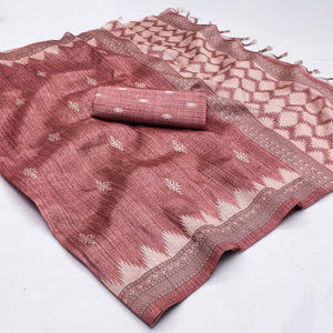 Dusty Pink Printed Tussar Silk Saree With Tassels