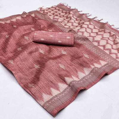 Dusty Pink Printed Tussar Silk Saree With Tassels