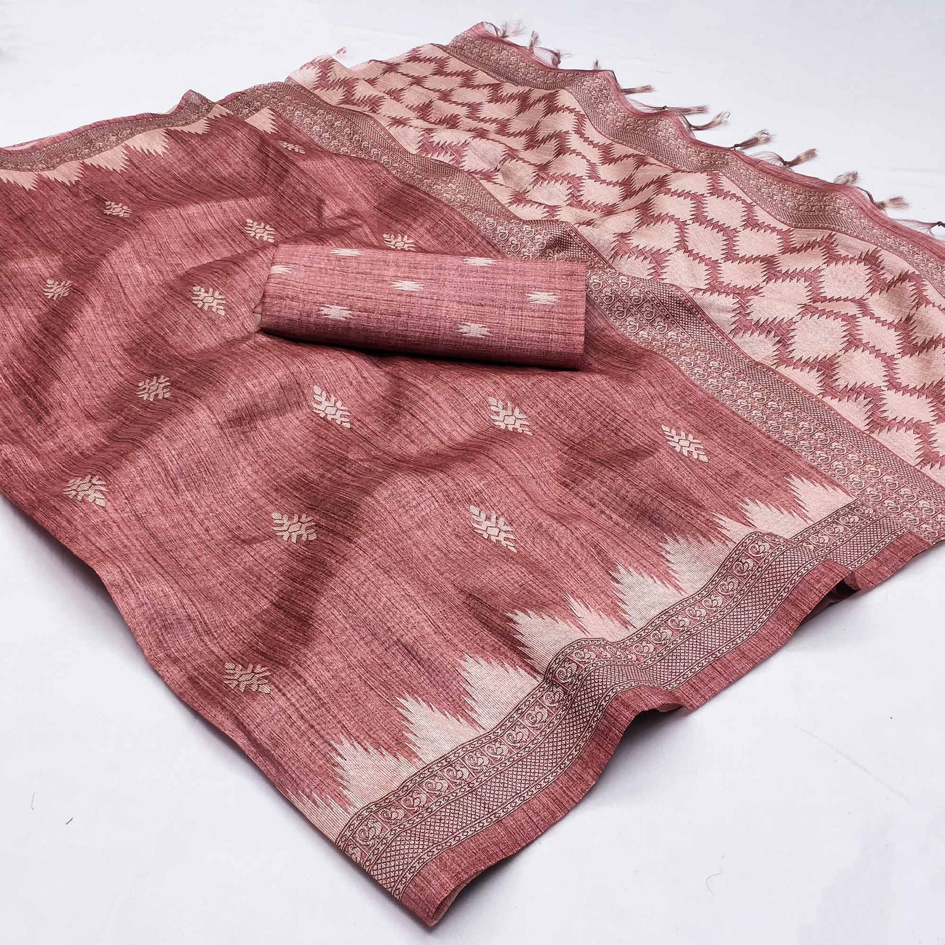 Dusty Pink Printed Tussar Silk Saree With Tassels