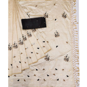 Cream Floral Embroidered Assam Silk Saree