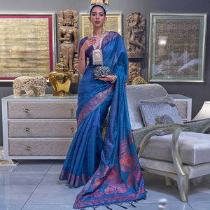 Blue Woven With Sequins Work Organza Saree