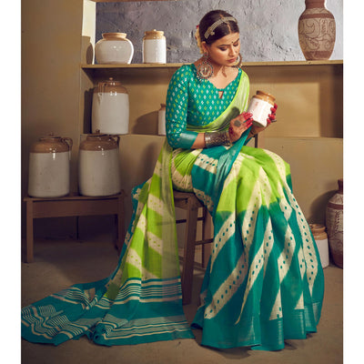 green-blue-printed-with-zari-border-linen-saree