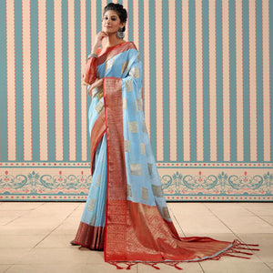 Blue Woven Linen Saree With Tassels