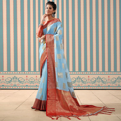 Blue Woven Linen Saree With Tassels