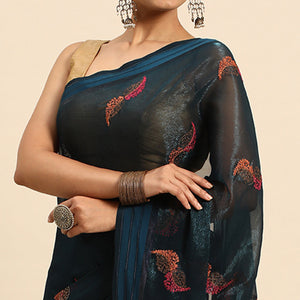 Blue Swarovski With Embroidery Work Chiffon Saree